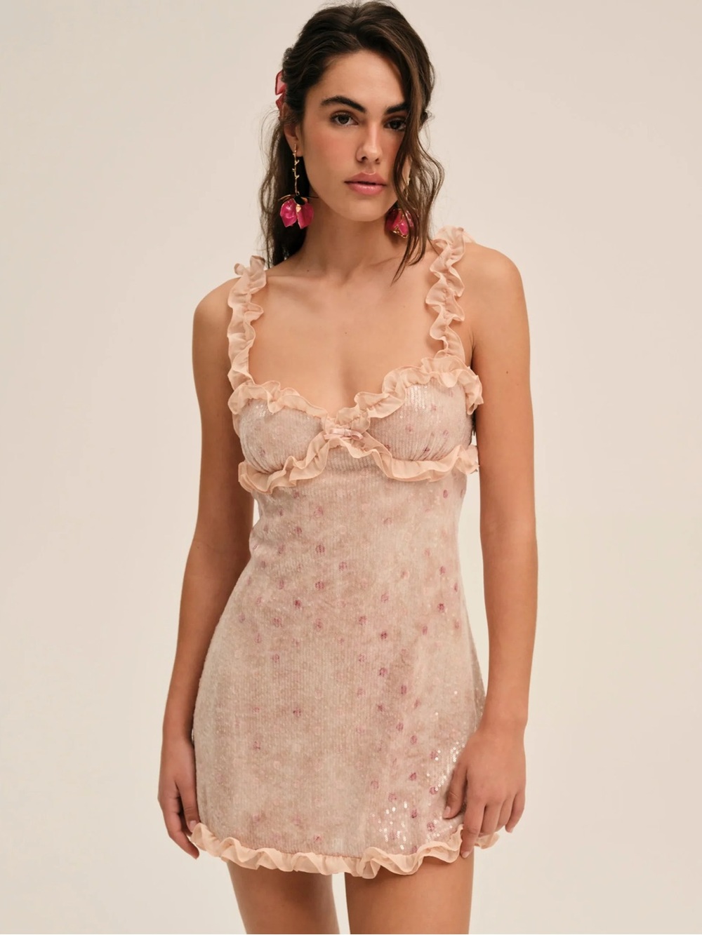 For Love & Lemons Sophia Sequin Mini Dress Size M Ruffle Detail Party Romantic - Picture 2 of 16